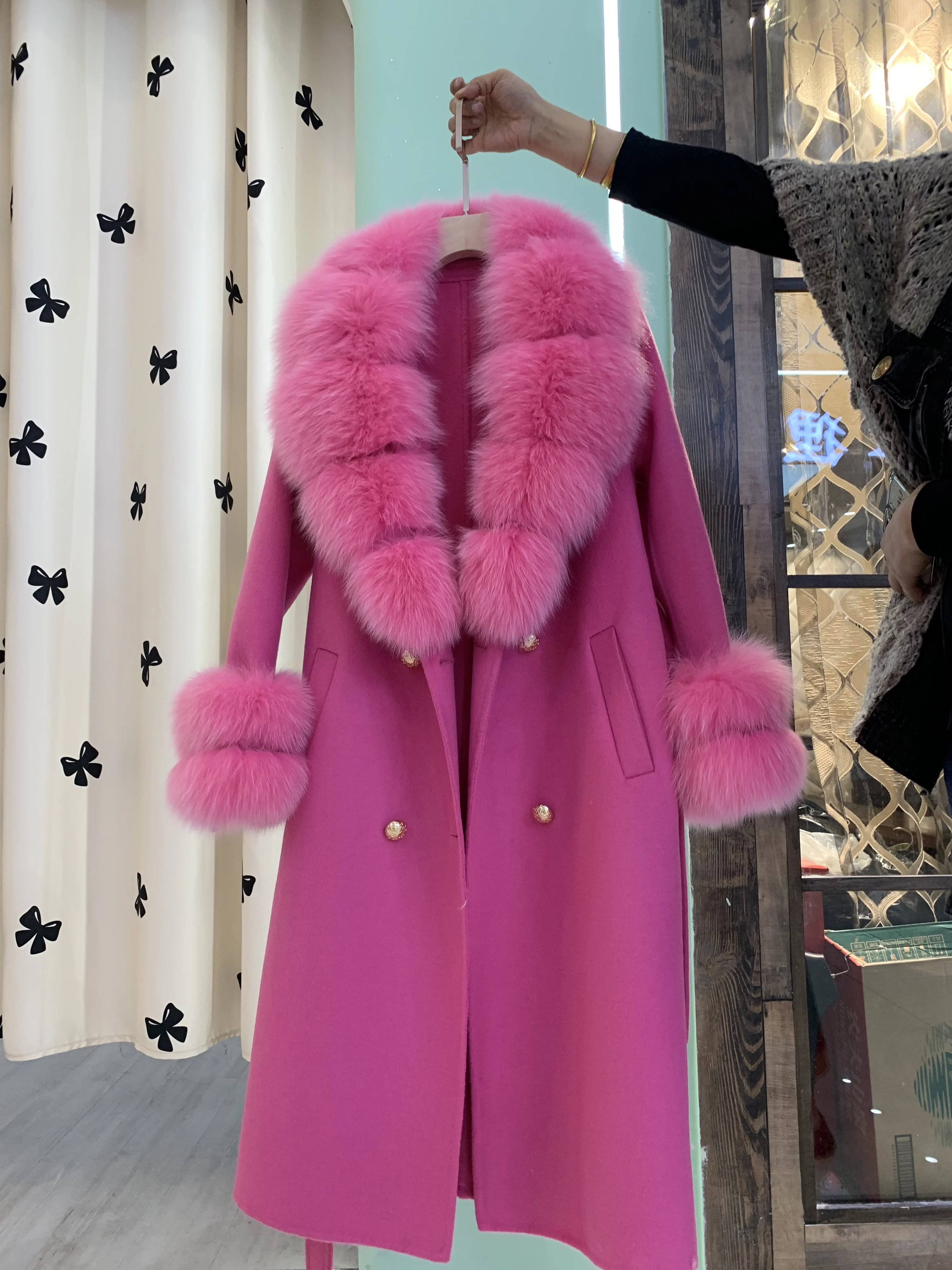 

2023 New Arrival Women Wool Coat With Real Fox Fur Collar Cuff Slim Fit Elegant Belted Cashmere Long Coat Ladies Winter Coats