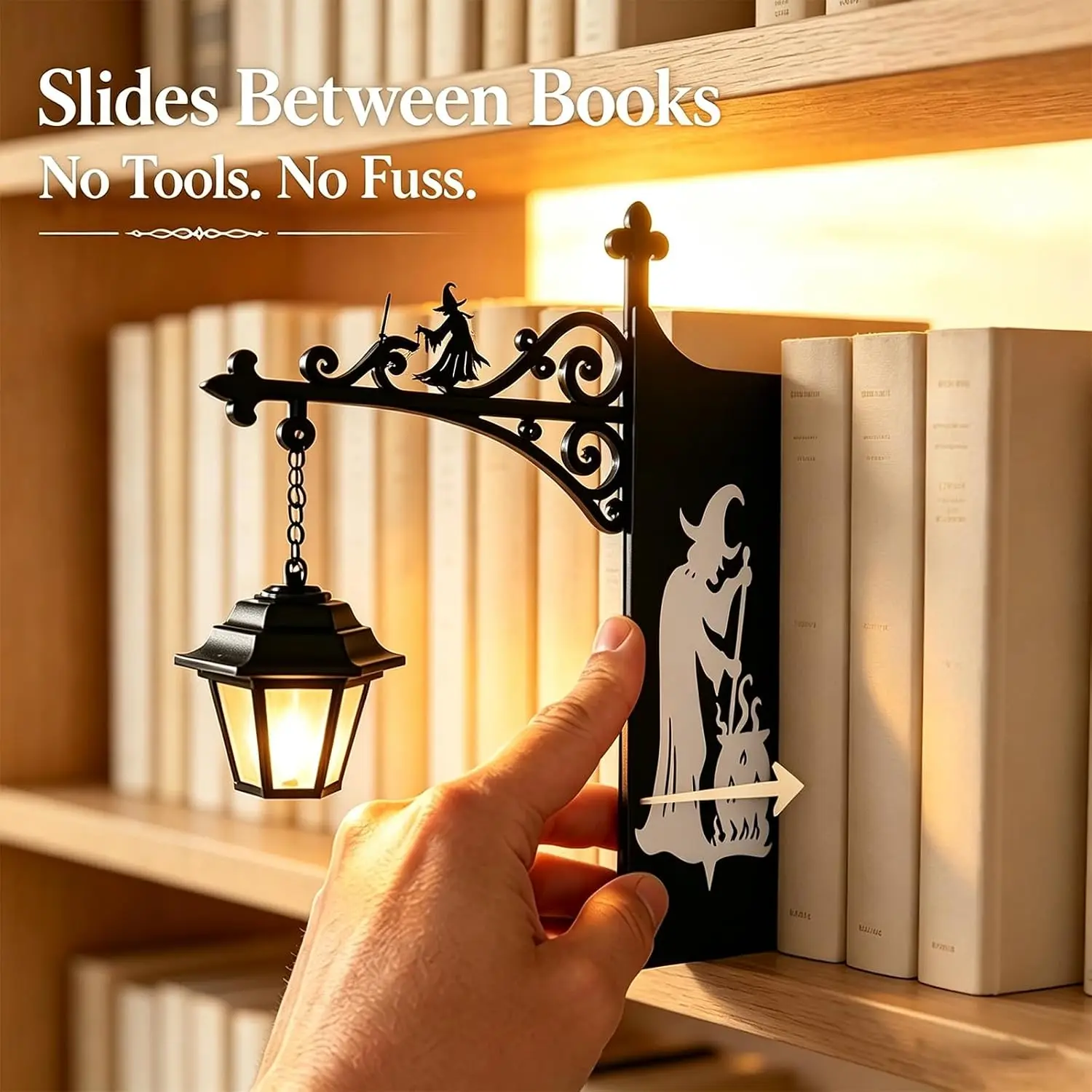 Bookend with Hanging Lantern LightVintage Wrought Iron Book Holder No Tool Install Witch Ghost Lamp Bookshelf Halloween Decor