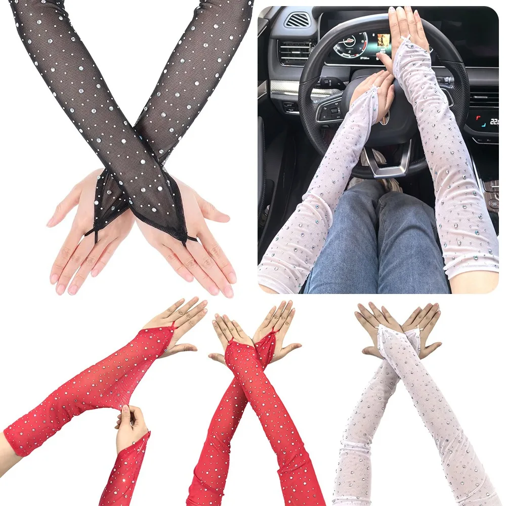 

1 пара блестящих сетчатых перчаток со стразами, дышащие, эластичные, солнцезащитные, с рукавами, с крючком, женские перчатки без пальцев со средним пальцем