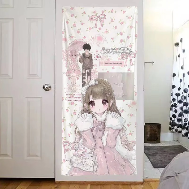 Retro Japanese Manga Girl Tapestry, Cute Cartoon Animal Print Wall Hanging, Sweet Girl Room Decor Backdrop