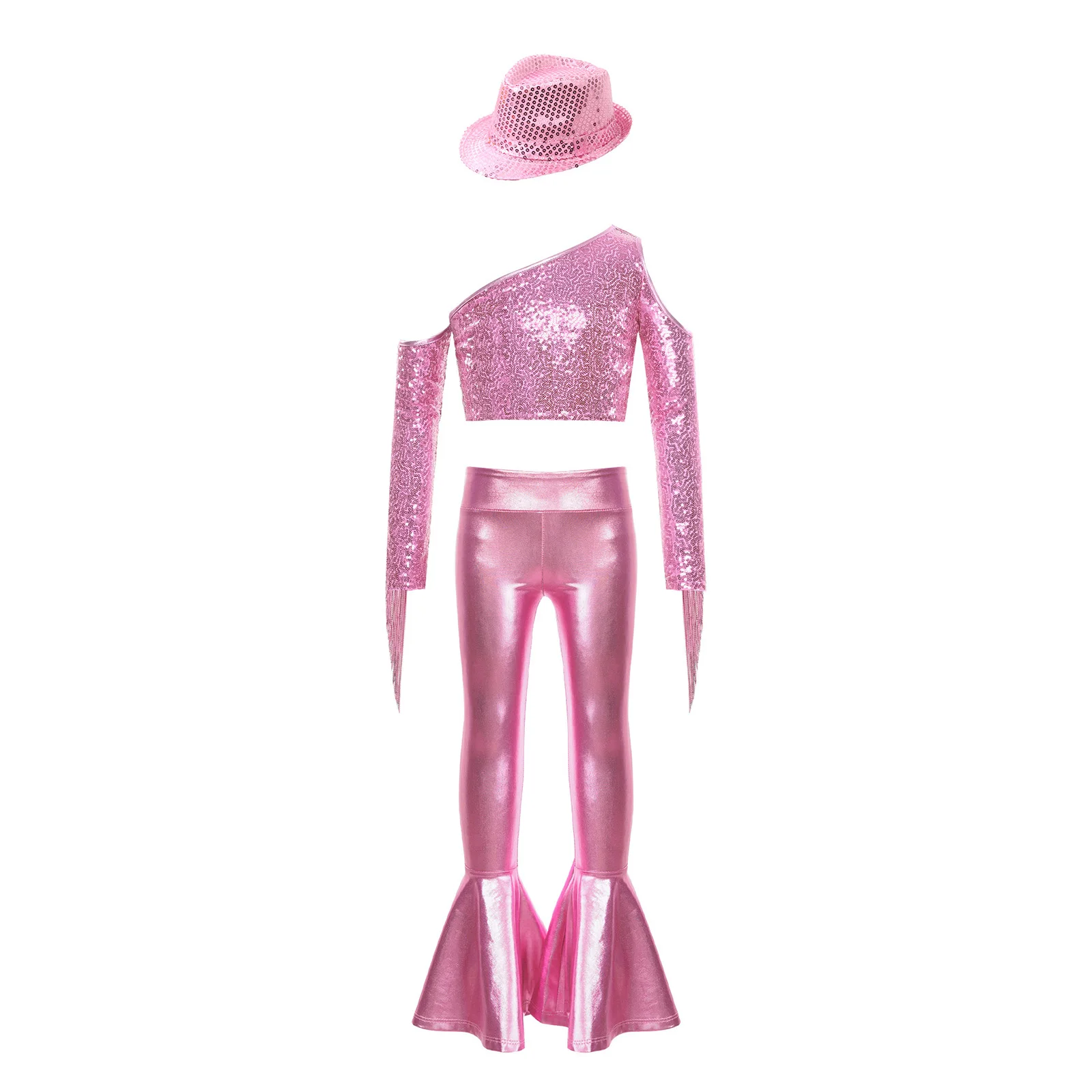 Kids Girls Sequin Tassels Dancewear 60s 70s Disco Sets Top Flares Pants Hat Hippie Jazz Dance Outfit Stage Performance Costume view 5