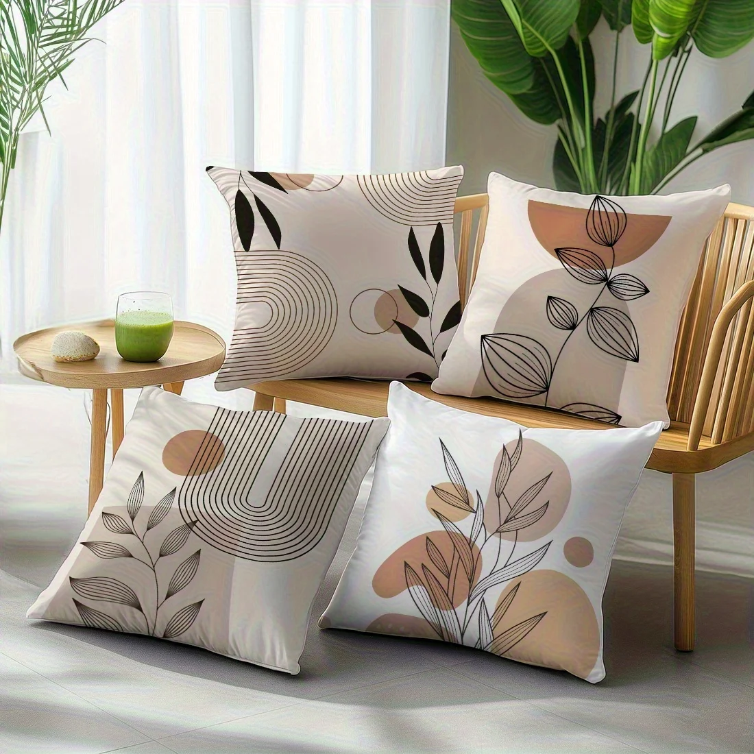Juego  4 fundas  cojín corativas estilo minimalista bohemio nórdico con patrones geométricos y diseños  hojas  plantas