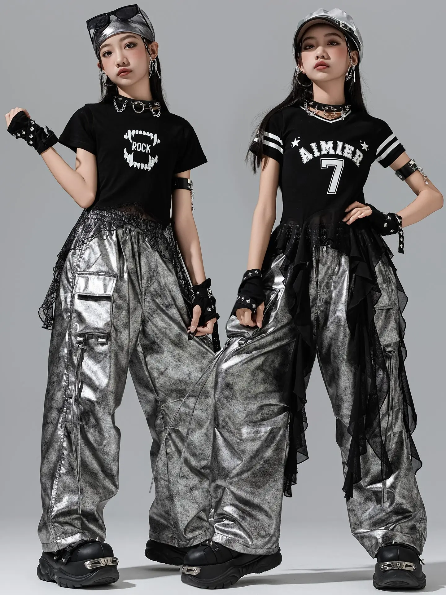 Vêtements de danse Jazz pour filles, hauts nombril d'été, pantalons hip hop argentés, Costume de spectacle de Concert de Style Kpop, vêtements de scène pour enfants BL16656