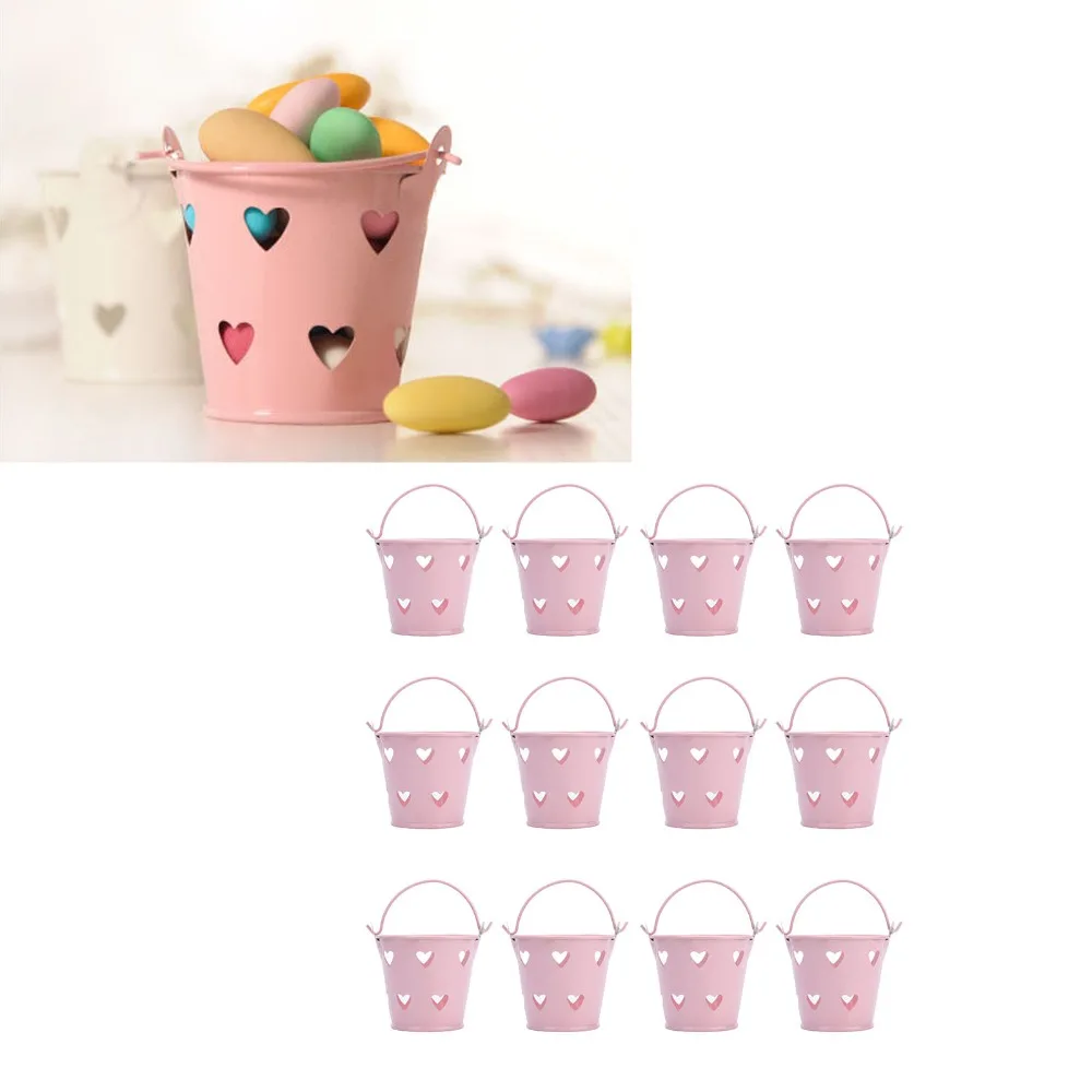 12pcs Portable Metal Decorative Bucket 2.36x2.09in Pink Storage Pail Hollow Heart Shaped with Handle Snack Holder Home Wedding