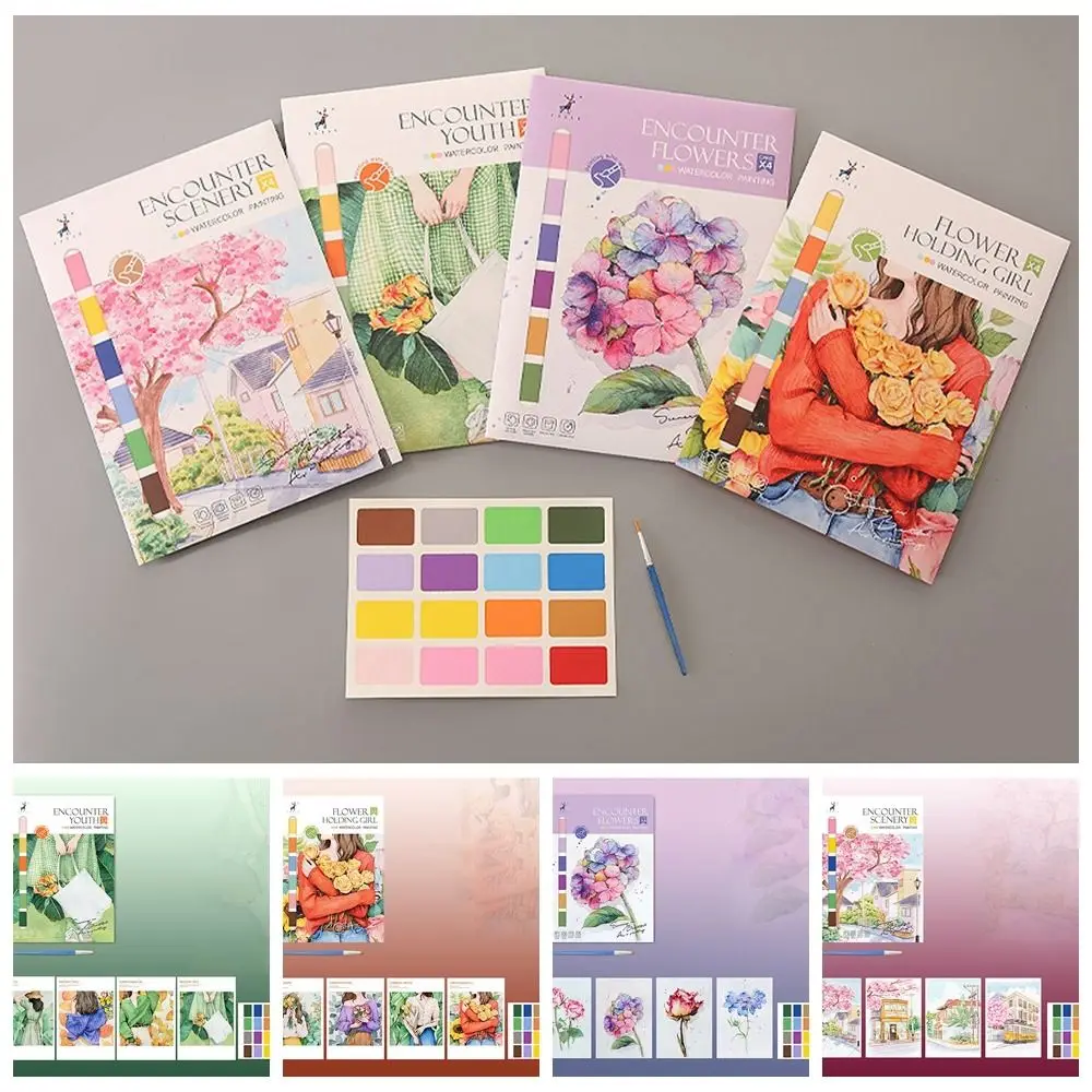 Specialty Paper Watercolor Painting Book With Pigment Encounter Youth Gouache Graffiti Book Filling Color Book With Brush