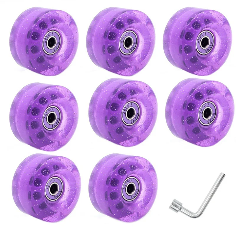 A89E-8-Piece 32 X 58Mm 82A Roller Skates with Bearings, for Indoor or Outdoor Use, with Wrench for Wheel Removal Purple