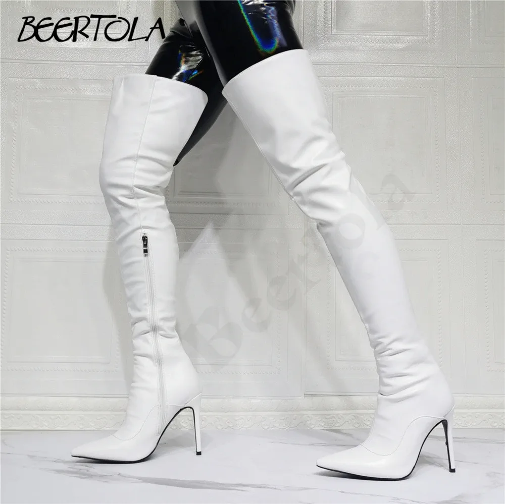 

Women's Sexy White Back Split Over-The-Knee Boots Large Size Runway Fashion Thigh-High Boots Pointy Thin Heels Thigh Boots