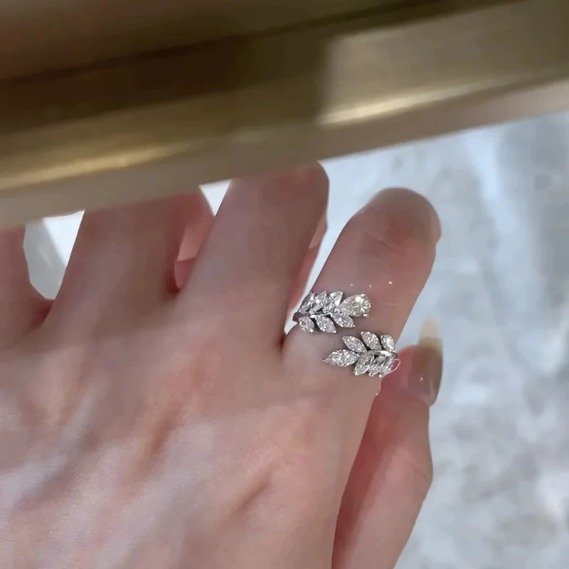 Sparkling Full Zircon Wheat Ear Feather Ring Korean style Cool and Delicate Luxurious Branches and Leaves Rings For Women KOFSAC