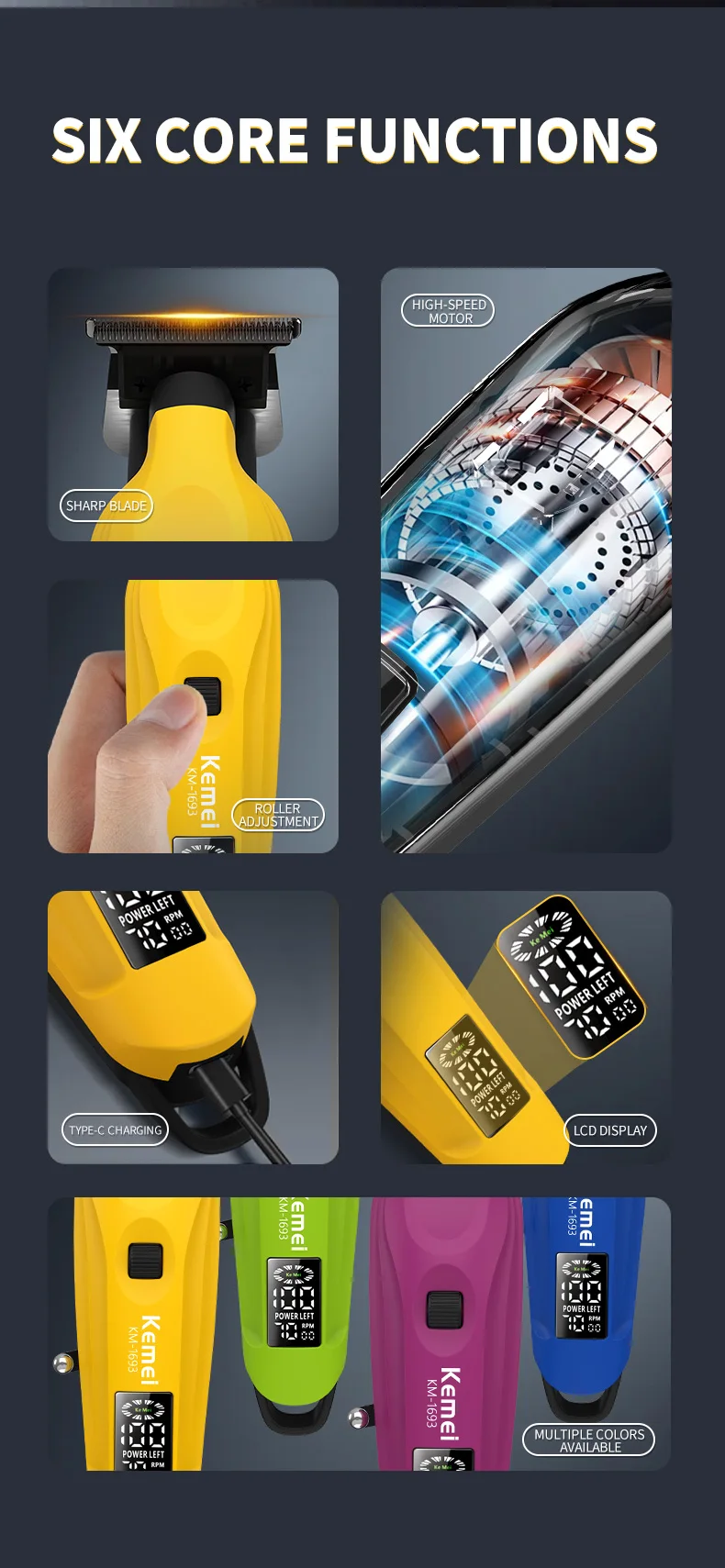 Kemei 1693, professioneller Haarschneider für Herren, kabelloser, per USB wiederaufladbarer elektrischer Haarschneider mit LCD-Display, abwaschbare Klingen. – Detail 2