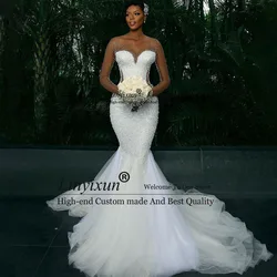 Customized Pearls Long Mermaid Wedding Dresses For Black Girls Beaded Tulle Bride Gowns Formal Luxury Beads robe de mariée