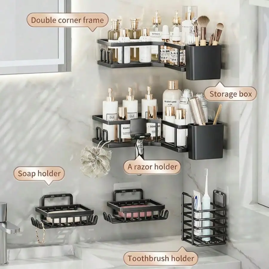 8Pcs Corner Shower Caddy Set, No Drill Triangle Shelf, Waterproof Rustproof Storage Rack, Multi-Layer Organizer For Shower Toilet Kitchen Bedroom, Space Saving Holder For Toiletries Cosmetics Shampoo Sundries, Household Storage Essentials