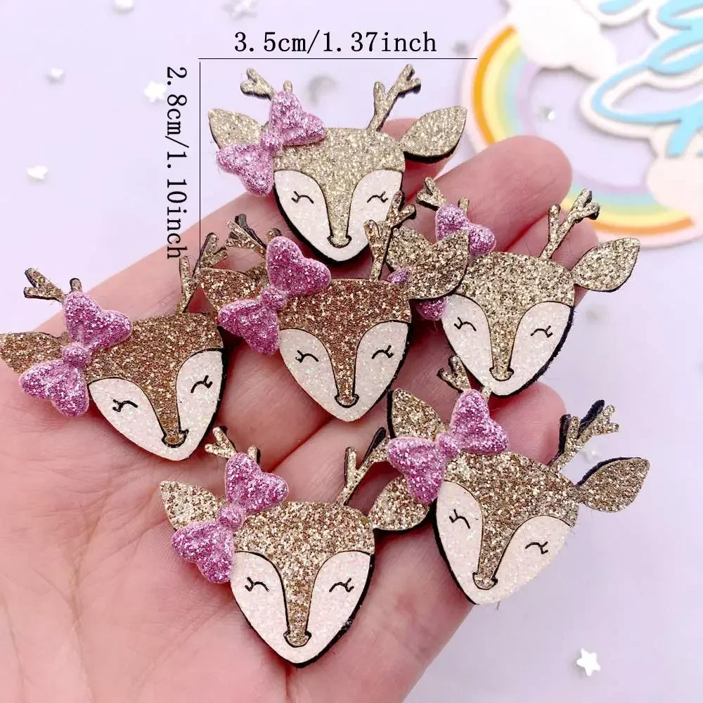 10pcs Felt Fabric Colorful Glitter 3D Bepowder Cartoon Bowknot Golden Deer Patch Applique Sewing DIY Hair Bow Crafts Supplie XE8