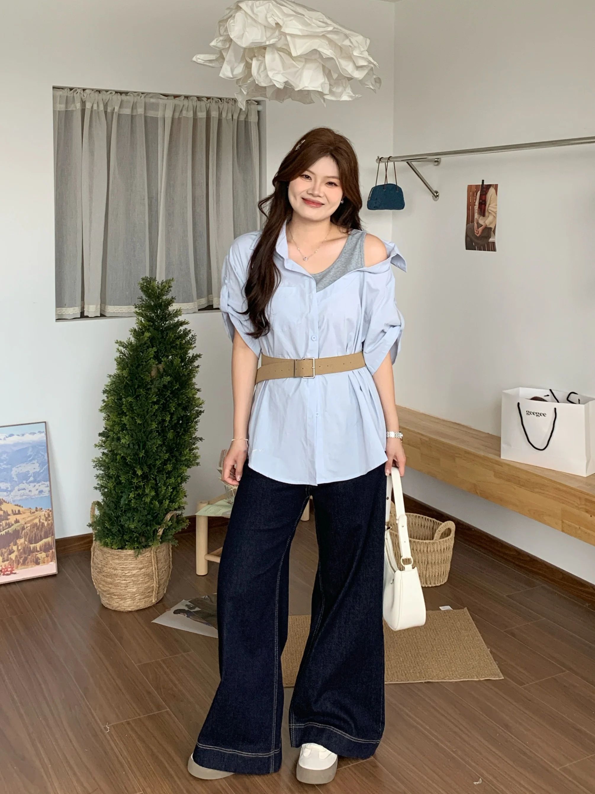 

Летняя женская рубашка больших размеров в корейском стиле, с открытыми плечами, асимметричная, с цветовыми блоками, свободного кроя, из хлопка, с V-образным вырезом, премиум-класса