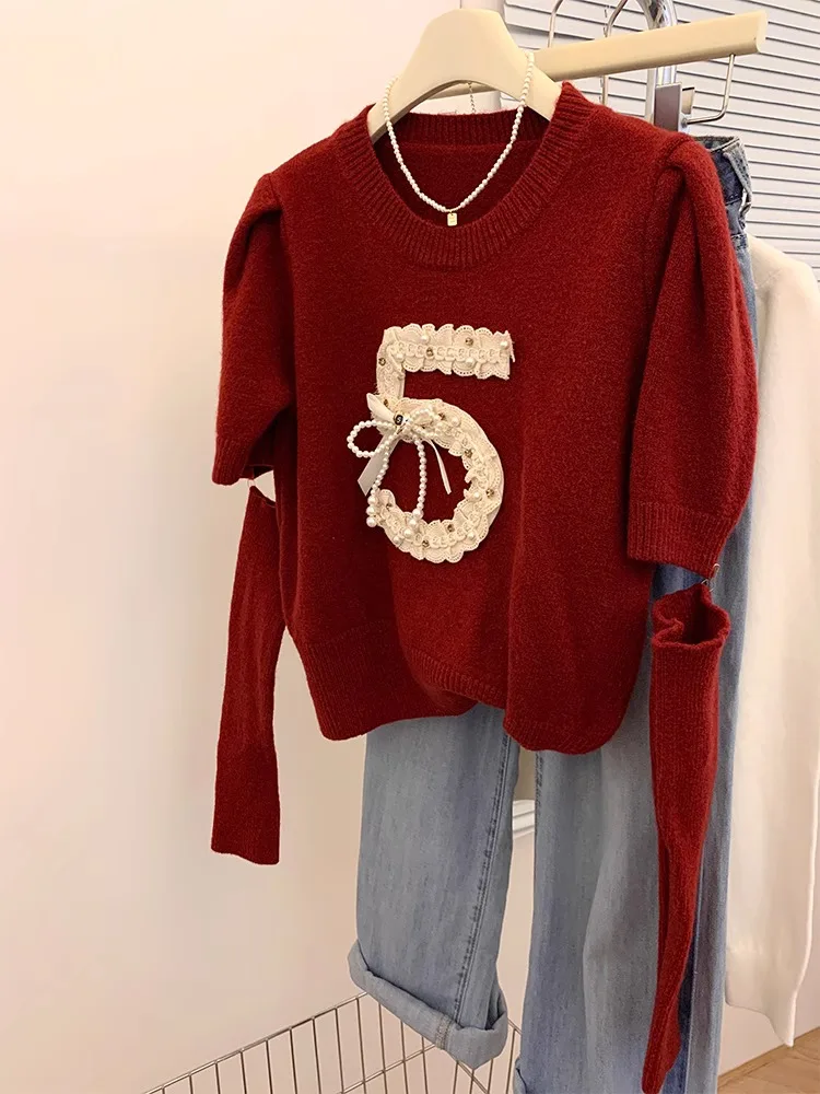 Women French Round Neck Red Pearl Bead Decor Sweater Short Sleeves With Sleeves Bubble Sleeves Knitwear Top Autumn Winter New