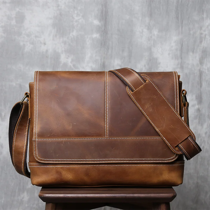 New Crazy Horse Leather Men\'s Bag Original Retro Shoulder Bag Horizontal A4 Postman Bag Handmade Leather Crossbody Bag.