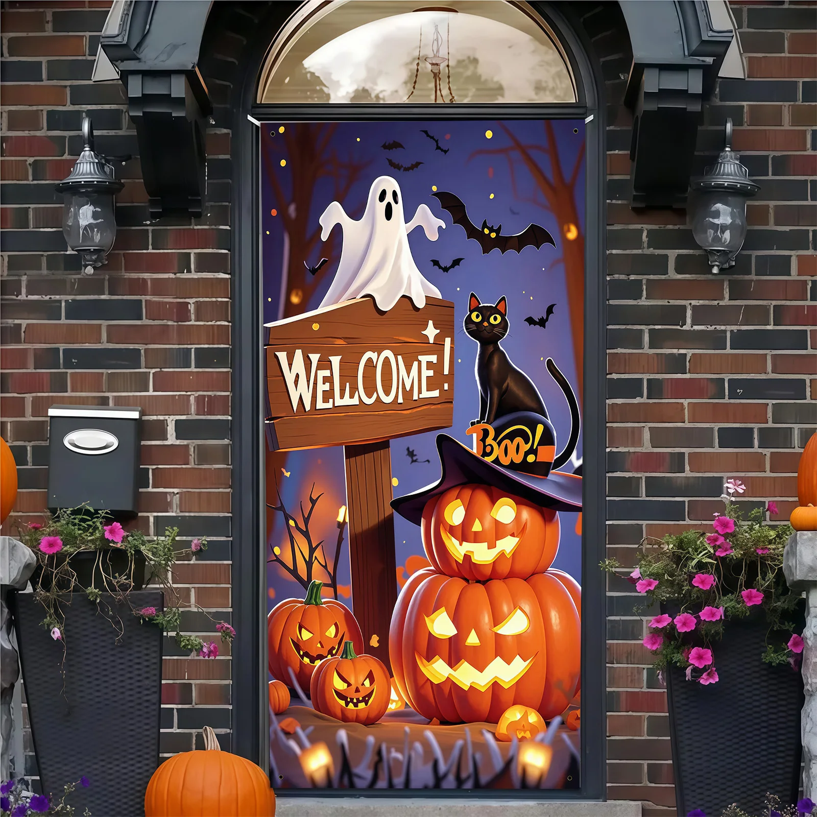 โลโก้ปาร์ตี้ฮาโลวีน 1 ชิ้นพร้อมดีไซน์ที่มีลักษณะเป็นฟักทอง แมวดำ และผี ของตกแต่งฮาโลวีน