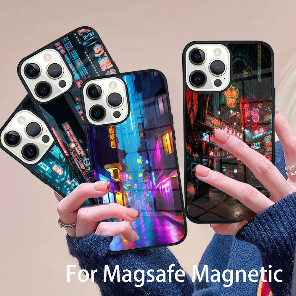 

Japanese Night City Aesthetic Phone Case Magesafe Magnetic Wireless Charge Cover For IPhone 16 11 12 13 14 15 Pro Max Plus Mini