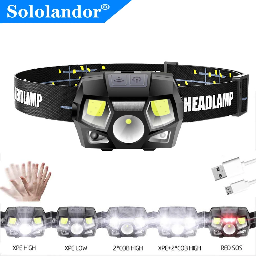 SOLOLANDOR Ultra Bright LED Headlamp 800LM Motion Sensor Headlight USB Recharge head lamp Waterproof lampe frontale Flashlight