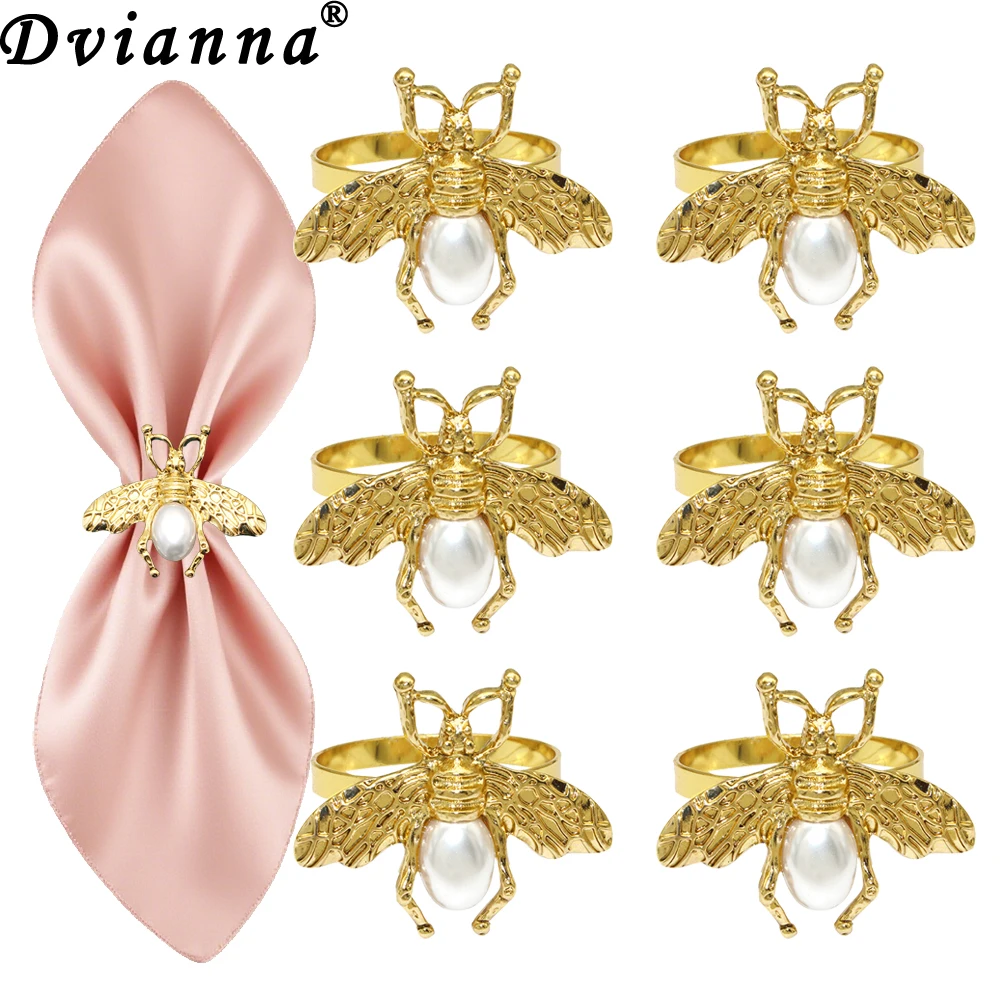Dvianna Bee Napkin Rings 6Pcs Gold Alloy Pearl Napkin Holder Rings Wedding Banquet Holiday Dinner Table Decor