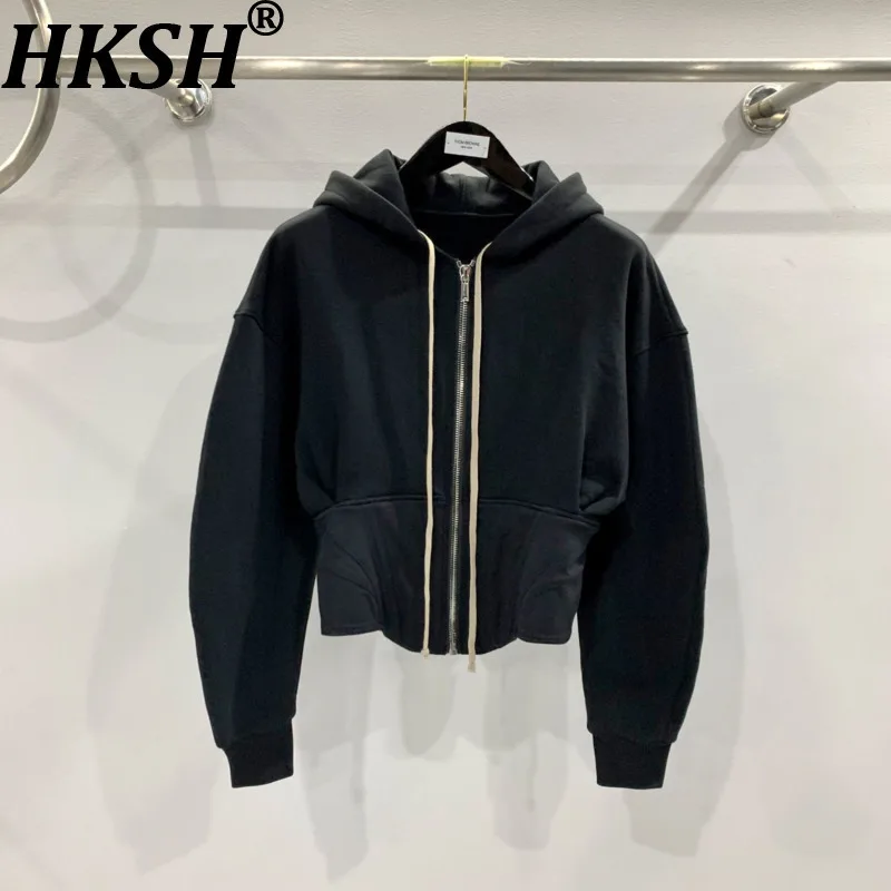 

HKSH Autumn Winter New Women's Sweatshirt Hooded Drawstring Zipper Waist Cinching Slim Fit Dark Streetwear Short Jackets HK14822