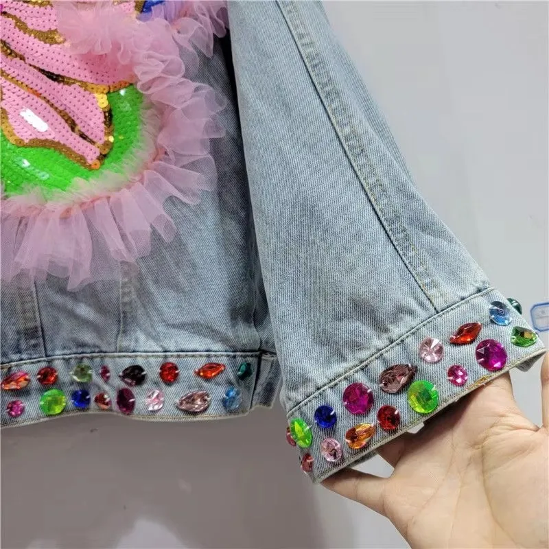 2025 春スパンコールフラワー女性ブルーデニムジャケットラペル長袖カジュアルチャケータ Mujer 女性のジーンズジャケットストリート