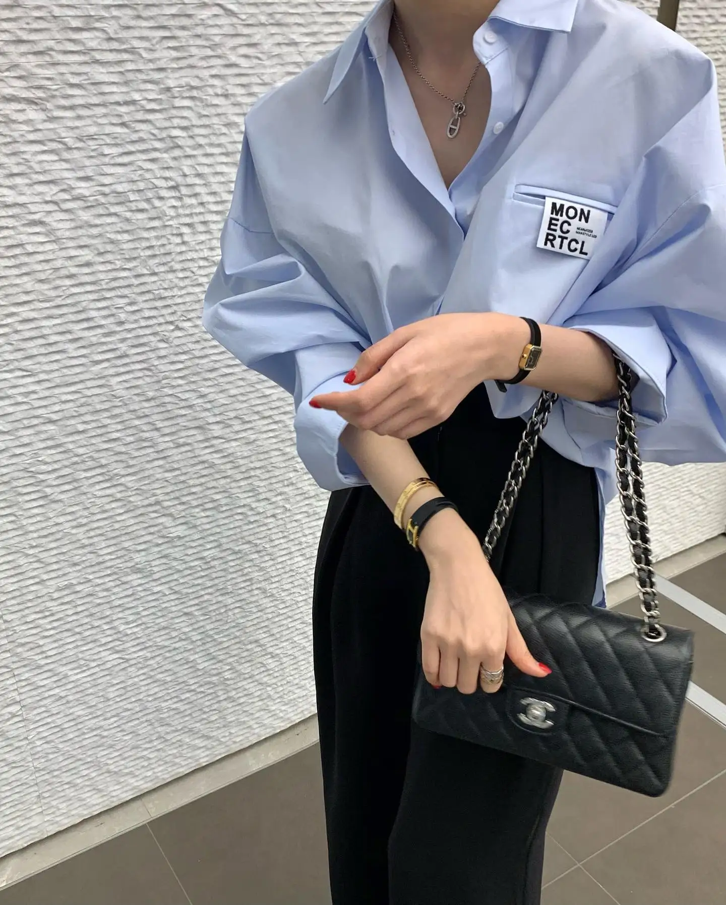 

Chic Lazy Women's irt Loose Fit Collar Chest Label Casual Ele Korean Sle Long Sve Cotton Busin Top