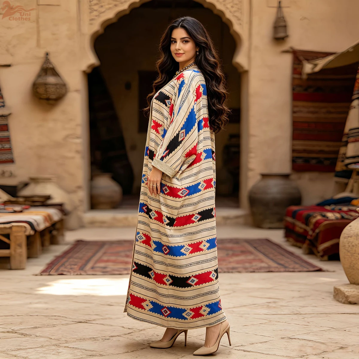 Zahraa Two Pieces Muslim Abaya Dress Set Colorful Geometric Stripes Print Moroccan Kaftan Dubai Turkey Arab Oman Qatar Robe