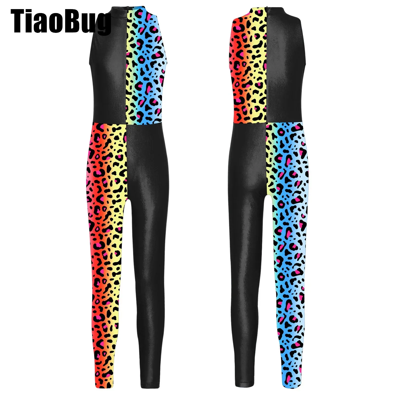 Kids Girls Print One-piece Swimsuit Stretchy Full Length Patchwork Bodysuit Dance Yoga Gymnastic Sport Costumes