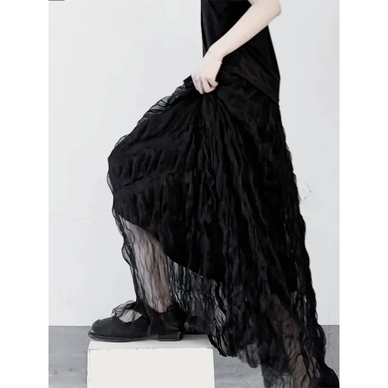 Women Water Ripple Tulle Skirts Solid Ankle Lenth Skirt A Line Elastic Waist Slight Strech Loose Fit Elegant Casual 2026 Summer