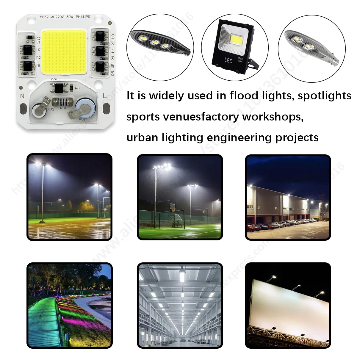 5PCS LED COB Chip Module 50W 220V High Voltage AC Drive Free Smart IC White or Warm Lamp Beads for DIY Floodlights