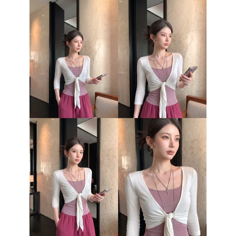 Korean Style Color Block Knot Tied Seven Sleeve Women's Short Top Early Autumn Waist Cinching Open Cardigan Shirt