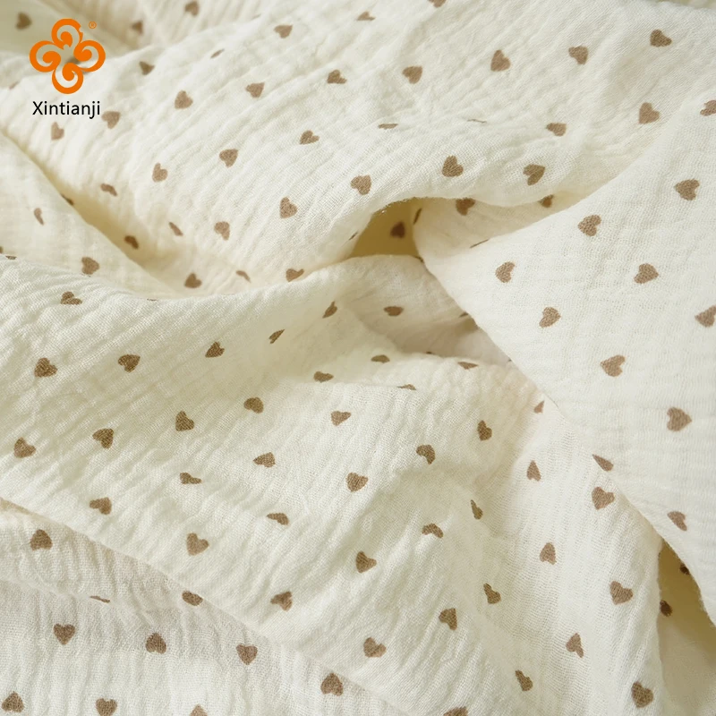 0.5m/1m/2m Soft Khaki Heart Print Double Crepe Gauze Fabric 100% Cotton Fabric DIY Sewing Clothing Baby Breathable Texture