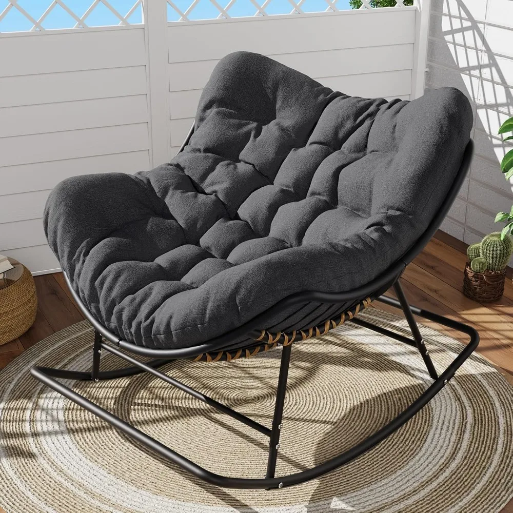 

Papasan Rocking Chair Outdoor Indoor, Oversized Egg Wicker Rocker with Cushion, Supports 450 lbs, Patio Chair for Balcony