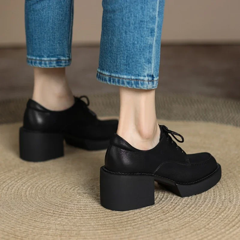 NEW Spring/Autumn Women Shoes Genuine Leather Round Toe Platform Shoes Women Solid Lace Women Pumps Thick Heel Shoes for Women