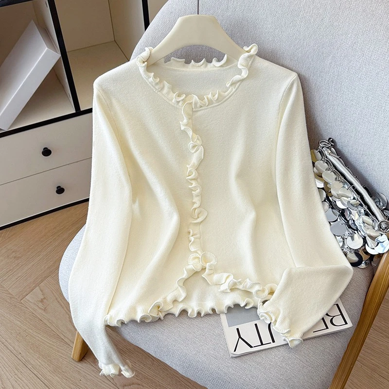 

Осенне-зимние элегантные женские вязаные свитера с оборками, новинка 2025, корейские однотонные пуловеры с длинными рукавами и круглым вырезом, женские топы