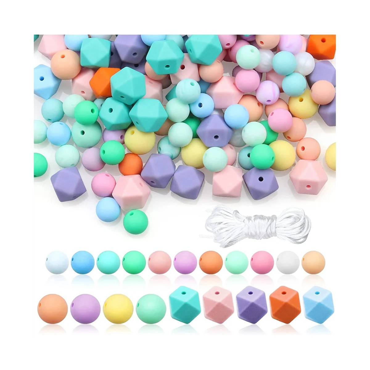 Silicone Beads, Silicone Loose Beads for Keychain Making Round Rubber Beads Polygonal for DIY Necklace Bracelet Jewelry