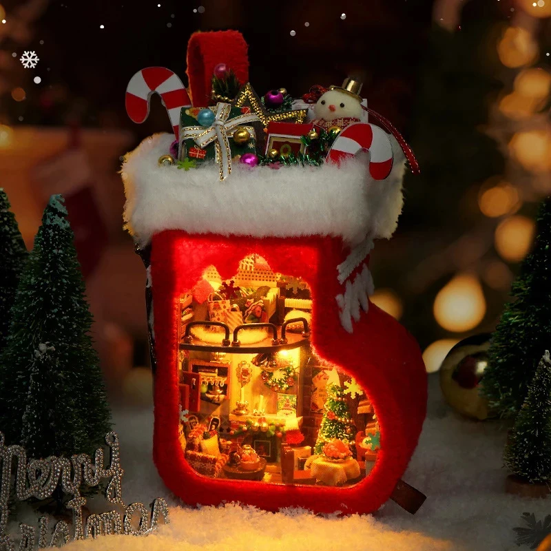 DIY Wooden Christmas Stocking Casa Miniature Model LED Light Dollhouse Furniture Kit Friends Birthday Gift