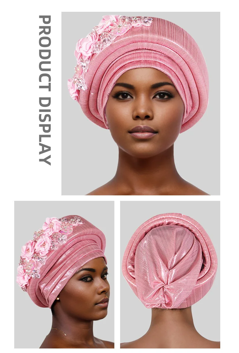 

African Diamonds Flower Turban Cap Diamonds Women's Autogele Headtie Lady Head Wraps Nigeria Wedding Headgear Turbante Mujer