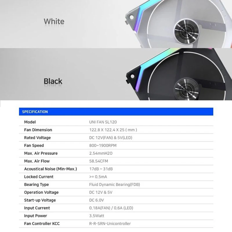 LIANLI UNI FAN 3/4/6pcs SL120 Cableless Fan for Gaming Cabinet PIN To PIN Contact Point Light Black White Splicing A-RGB 58CFM