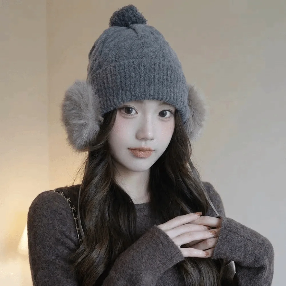 Comfortable Knitted Trapper Hat Ear Protection Warm Pompom Beanie with Earflap Large Head Circumference Thick Wool Cap Baby