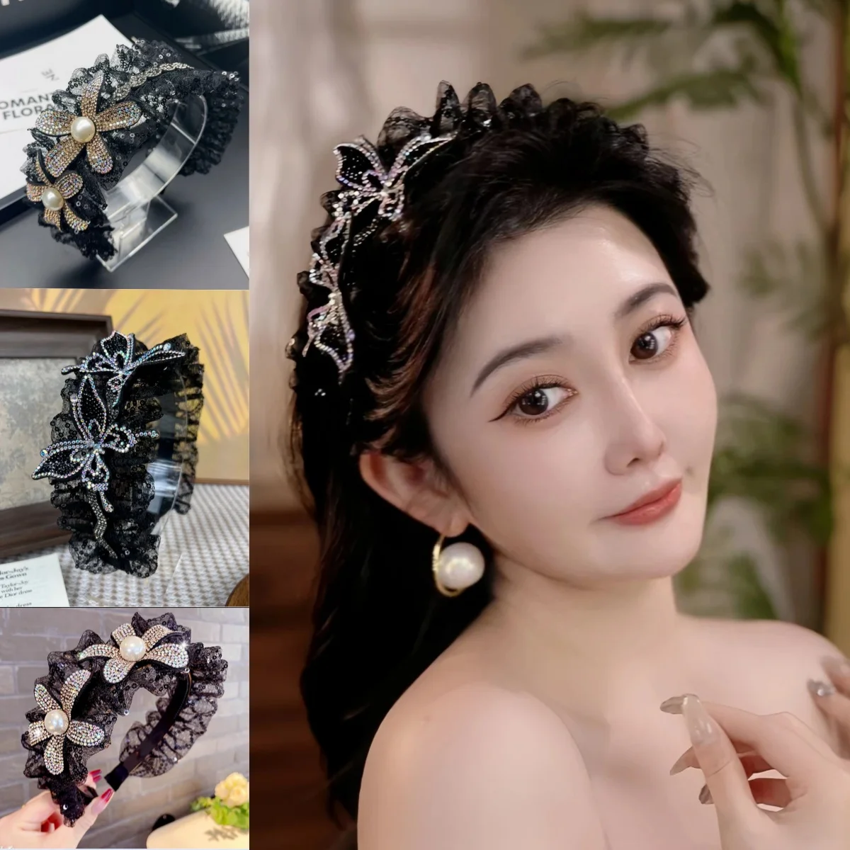 Elegant Lace Rhinestone Headbands for Women Vintage Black Flower Butterfly Hairband Girls Hair Hoop Hair Accessories Head Band