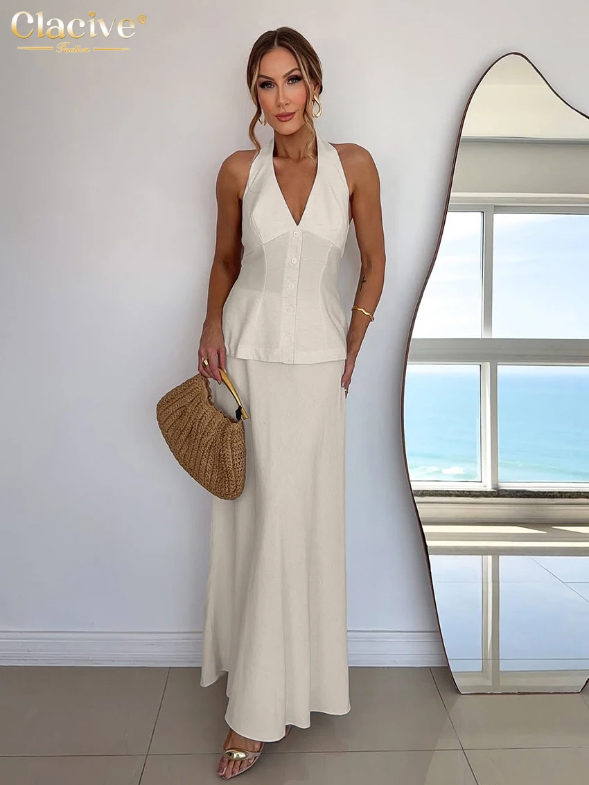 

Clacive Summer Loose Beige Linen Skirt Sets Woman 2 Pieces 2026 Sexy Sleeveless Tank Top With High Waist Long Skirt Set Female