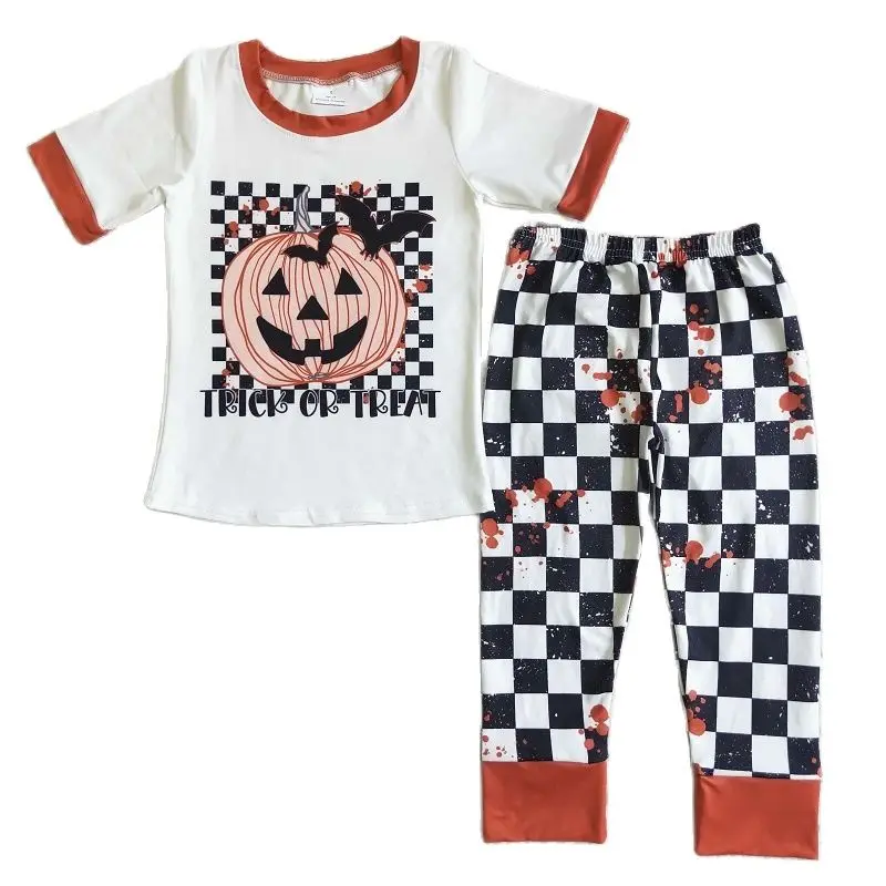 

New Arrival Fall Boys Girls Halloween Pumpkin Plaid Short Sleeve Pants Set Wholesale Boutique Outfits Children Wear