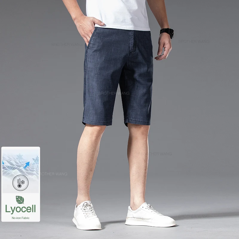 Classic Style Summer Men's Business Thin Denim Shorts Lyocell Fabric Straight-fit Stretch Blue Short Jeans Male Brand