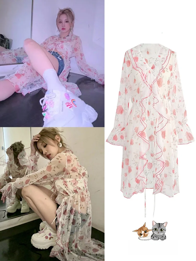 

Stage Performance Sun Protection Shirt Gidle Song Yuki Floral Print Long Sleeve Kimono Outerwear See through Chiffon Coat