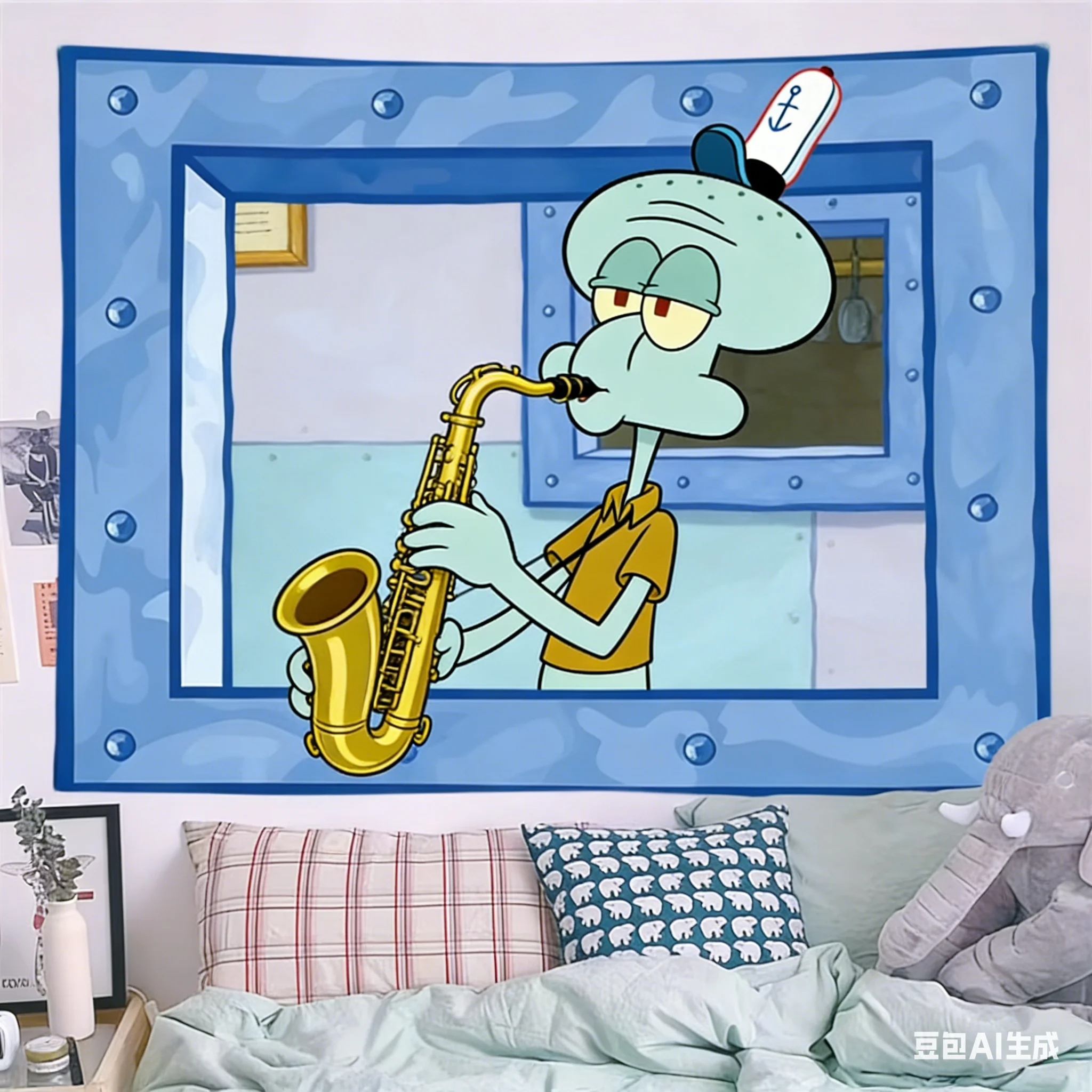 Tapiz de Pared con Diseño de Bob Esponja, Squidward Tentacles, Mr. Krabs, Dibujos Animados Divertidos, Escena de Cocina del Krusty Krab