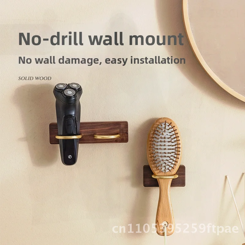 Solid Wood Wall-Mounted Bathroom Storage Rack Air Cushion Comb Razor Holder Punch-Free Design Walnut Finish