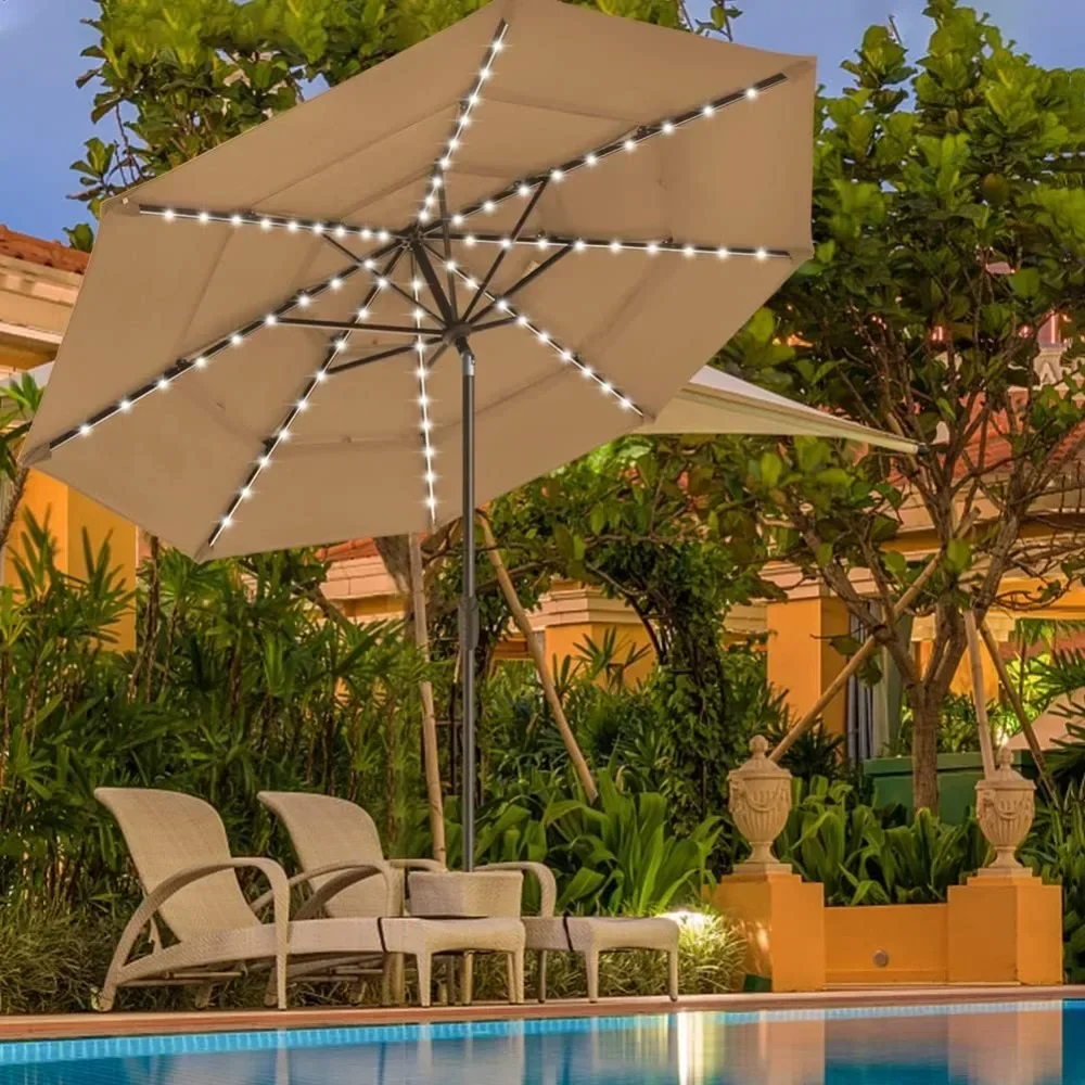 USA 10-Year-Non-Fading Solar 9ft 3 Tiers Market Umbrella With 80 LED Lights Patio Umbrellas Outdoor Table With Ventilation Beach