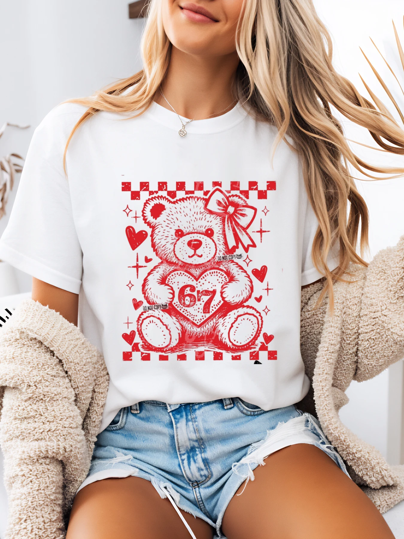 번호 67 프린트가 있는 케어 베어 발렌타인 데이 티셔츠 여성 캐주얼웨어 화이트 플러스 사이즈
