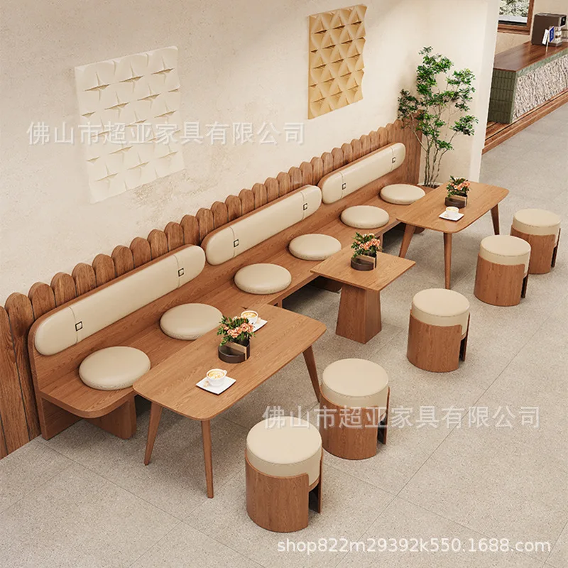 Milk tea shop cafe table and chair combination dining table tea house dessert shop against the wall solid wood card seat sofa